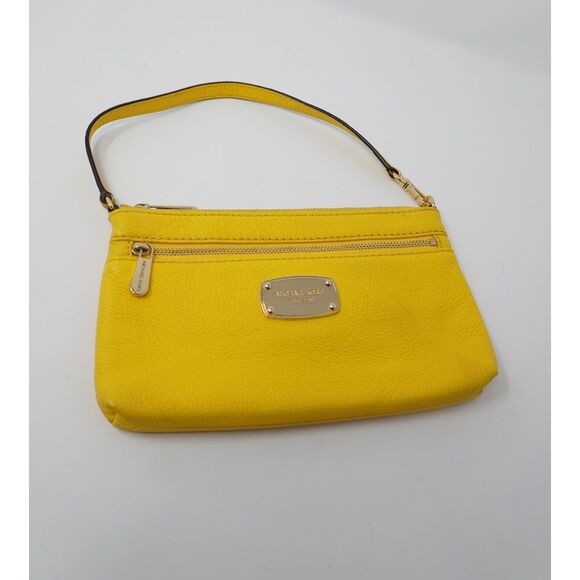 Michael Kors Mini Purse Pebbled Yellow Leather Gold Tone Top Zipper Front Pocket - Picture 1 of 4
